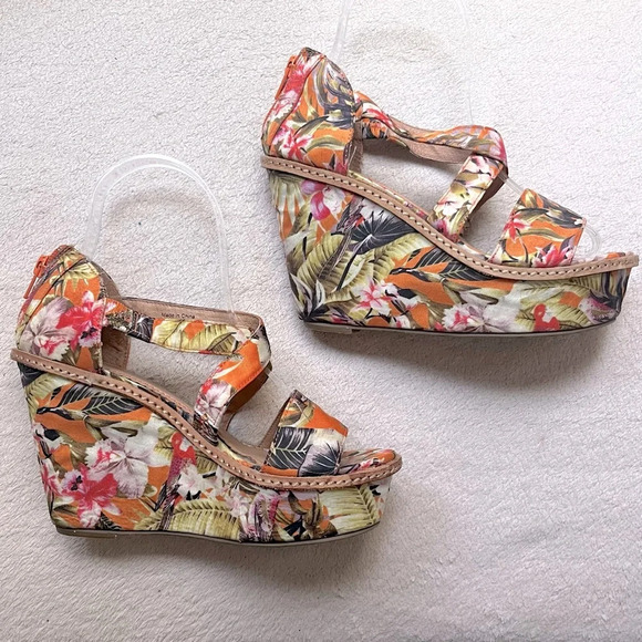 Anthropologie Miss Albright Tropical Floral Wedge Sandals-Women’s 5-Orange Multi - Picture 1 of 15